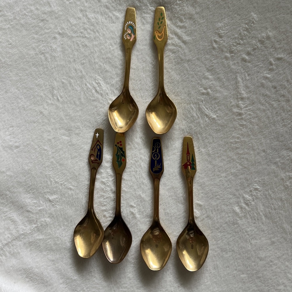 Set Of 5 Meka Denmark Enameled Annual Christmas Demitasse Spoons, 4.25" 70s